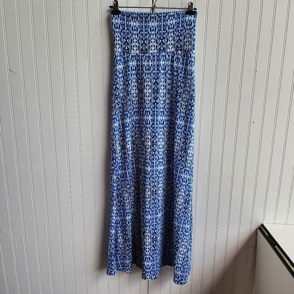 Lily Rose Women's Blue White Stretch Fold Geo Patterned Maxi Skirt Size S